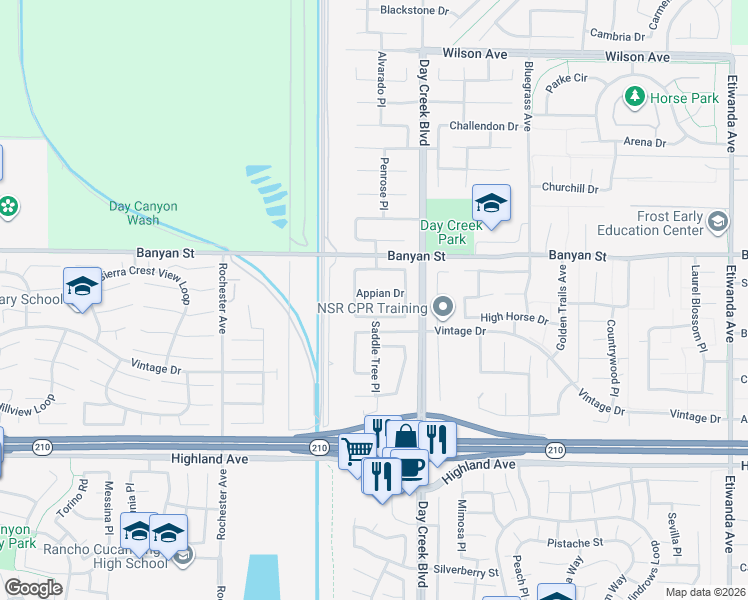 map of restaurants, bars, coffee shops, grocery stores, and more near 12203 Appian Drive in Rancho Cucamonga