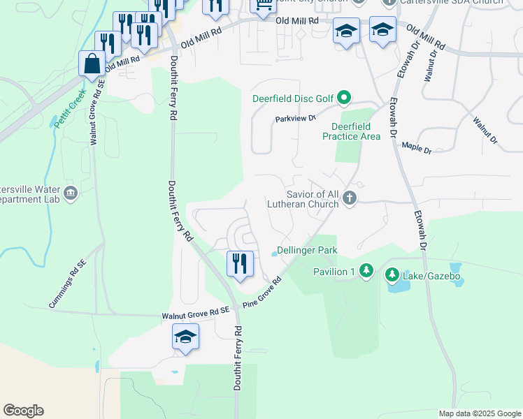 map of restaurants, bars, coffee shops, grocery stores, and more near 18 Stratford Lane in Cartersville