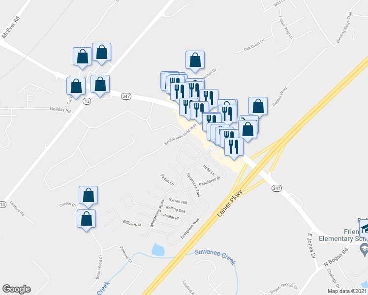 map of restaurants, bars, coffee shops, grocery stores, and more near 4742 Cherrywood Circle in Buford