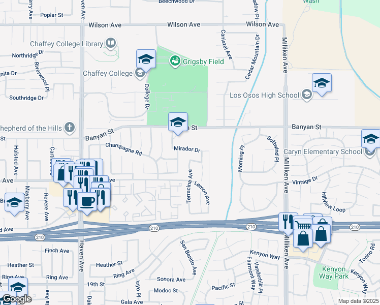 map of restaurants, bars, coffee shops, grocery stores, and more near 10899 Mirador Drive in Rancho Cucamonga