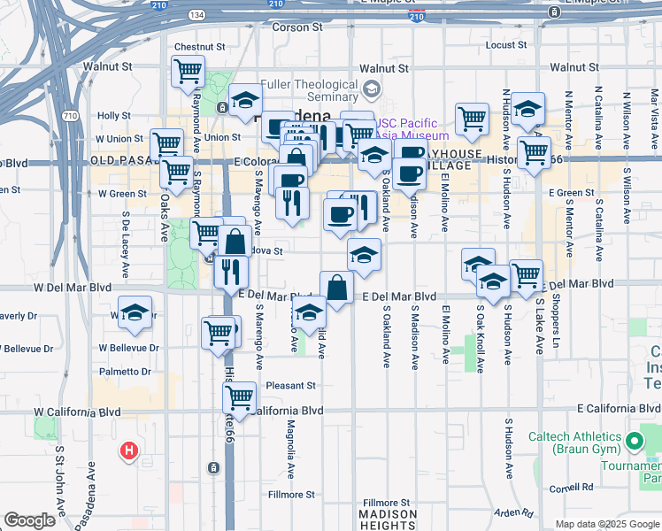 map of restaurants, bars, coffee shops, grocery stores, and more near 380 Cordova Street in Pasadena