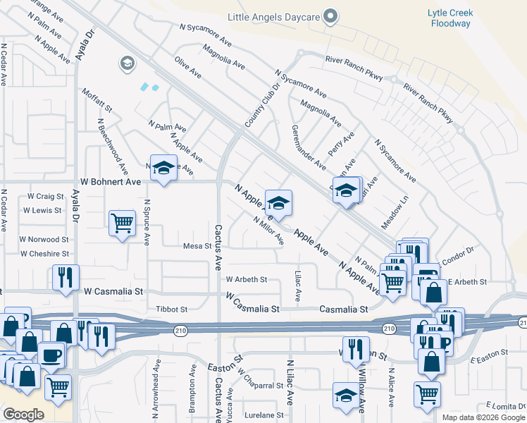 map of restaurants, bars, coffee shops, grocery stores, and more near 2301 North Milor Avenue in Rialto
