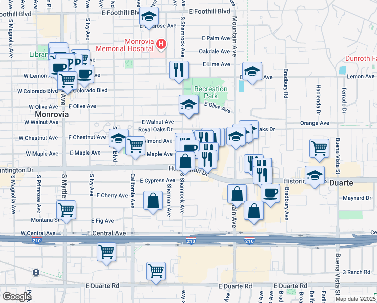 map of restaurants, bars, coffee shops, grocery stores, and more near 715 Huntington Drive in Monrovia