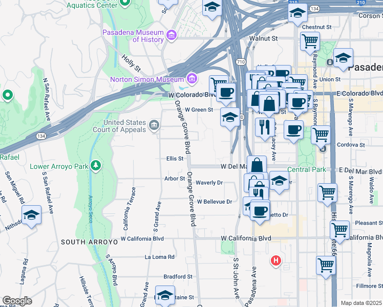 map of restaurants, bars, coffee shops, grocery stores, and more near 230 Orange Grove Boulevard in Pasadena