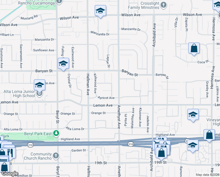 map of restaurants, bars, coffee shops, grocery stores, and more near 9438 La Gloria Drive in Rancho Cucamonga