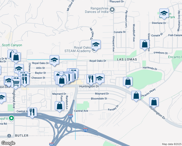 map of restaurants, bars, coffee shops, grocery stores, and more near 915 Edie Drive in Duarte