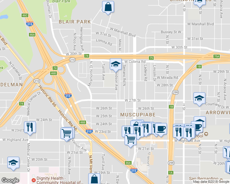 map of restaurants, bars, coffee shops, grocery stores, and more near 1208 West Alexander Avenue in San Bernardino