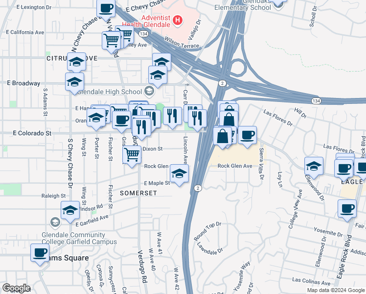 map of restaurants, bars, coffee shops, grocery stores, and more near 405 Lincoln Avenue in Glendale