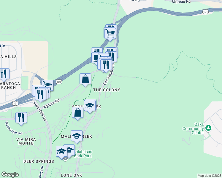 map of restaurants, bars, coffee shops, grocery stores, and more near 4591 Camino Del Sol in Calabasas
