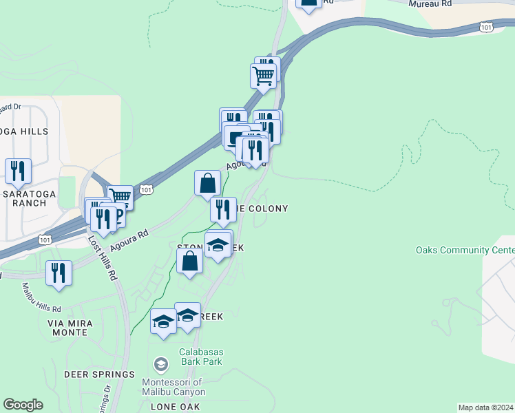 map of restaurants, bars, coffee shops, grocery stores, and more near 4631 Camino Del Sol in Calabasas