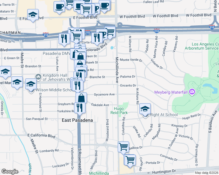 map of restaurants, bars, coffee shops, grocery stores, and more near 3914 Mountain View Avenue in Pasadena