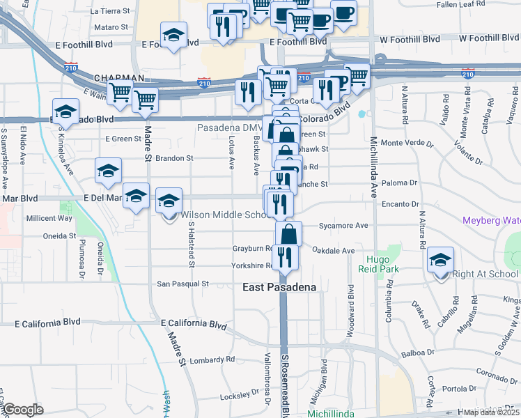 map of restaurants, bars, coffee shops, grocery stores, and more near 3681 Mountain View Avenue in Pasadena
