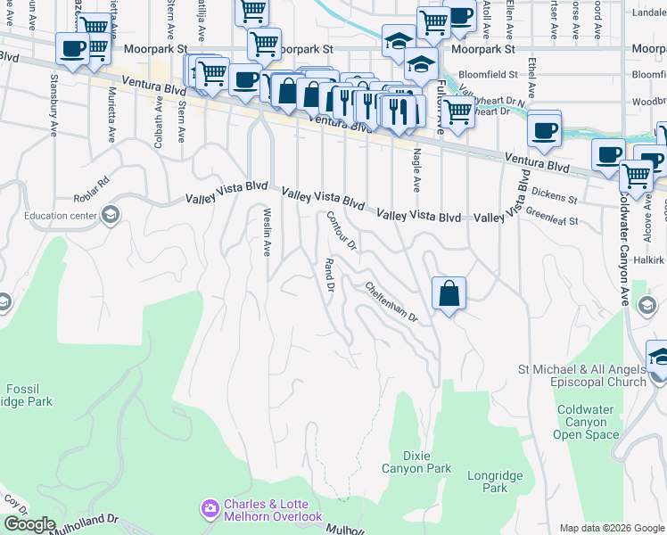 map of restaurants, bars, coffee shops, grocery stores, and more near 13541 Rand Drive in Los Angeles