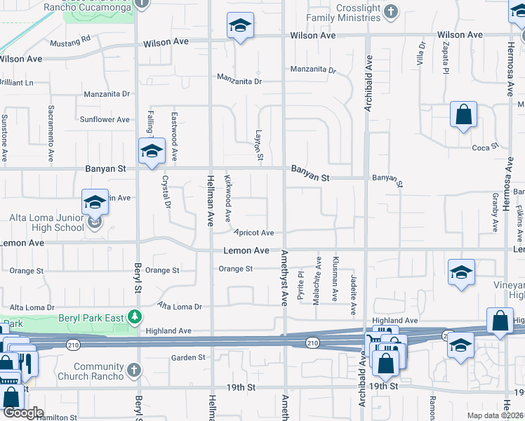 map of restaurants, bars, coffee shops, grocery stores, and more near 9438 La Gloria Drive in Rancho Cucamonga