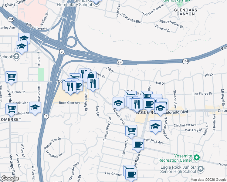 map of restaurants, bars, coffee shops, grocery stores, and more near 5154 Ellenwood Drive in Los Angeles