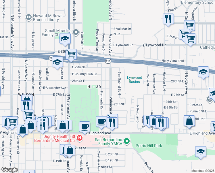map of restaurants, bars, coffee shops, grocery stores, and more near 2754 Valencia Avenue in San Bernardino