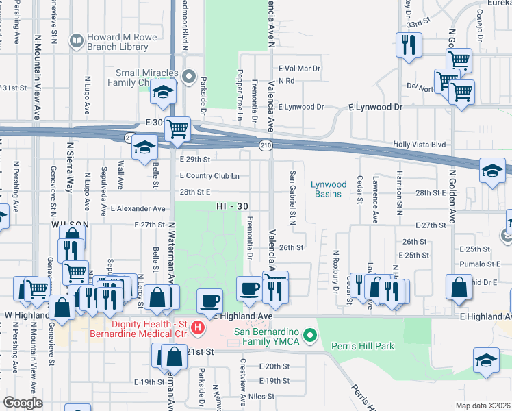 map of restaurants, bars, coffee shops, grocery stores, and more near 2754 Valencia Avenue in San Bernardino