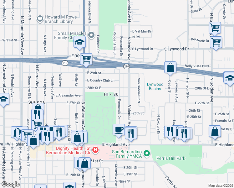 map of restaurants, bars, coffee shops, grocery stores, and more near in San Bernardino