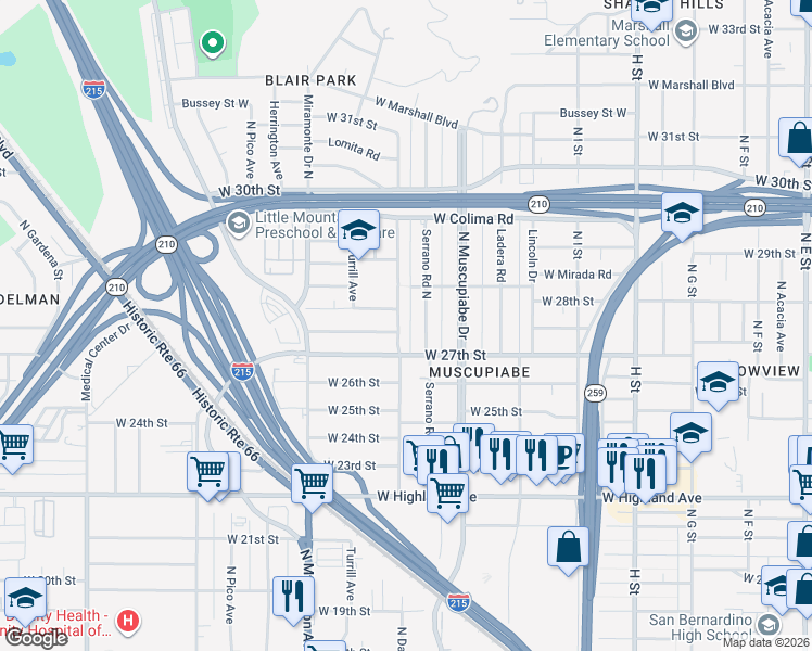 map of restaurants, bars, coffee shops, grocery stores, and more near 1208 West Alexander Avenue in San Bernardino