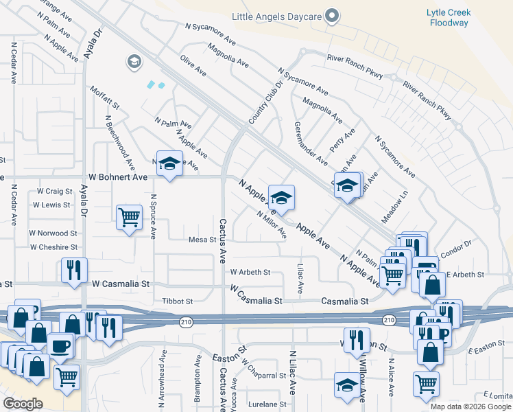 map of restaurants, bars, coffee shops, grocery stores, and more near 2301 North Milor Avenue in Rialto
