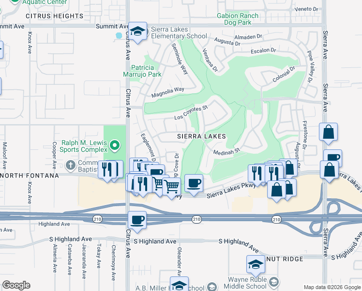map of restaurants, bars, coffee shops, grocery stores, and more near 16327 Yorba Linda Lane in Fontana