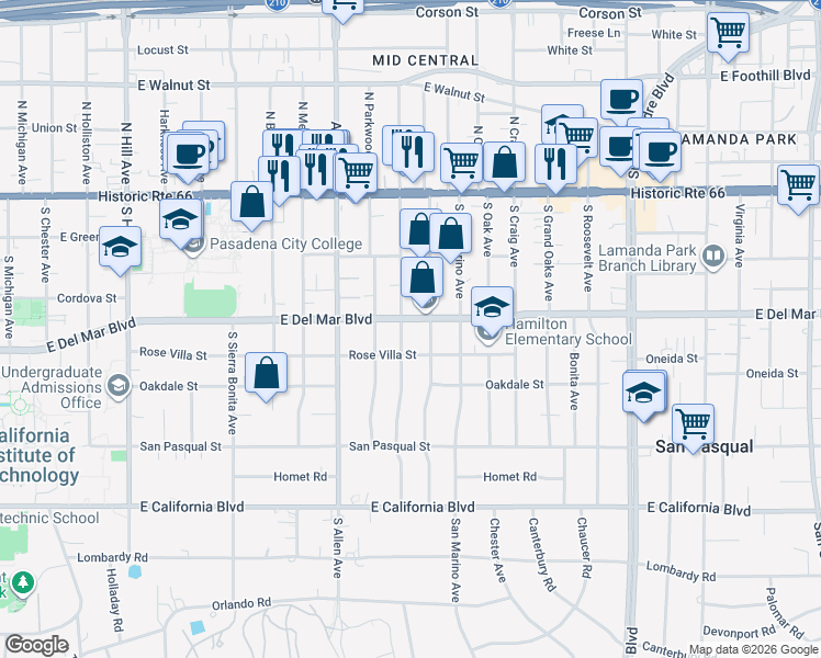 map of restaurants, bars, coffee shops, grocery stores, and more near 265 South Berkeley Avenue in Pasadena