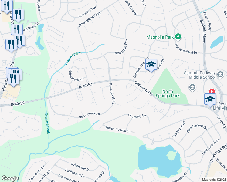 map of restaurants, bars, coffee shops, grocery stores, and more near 105 Rose Creek Lane in Columbia