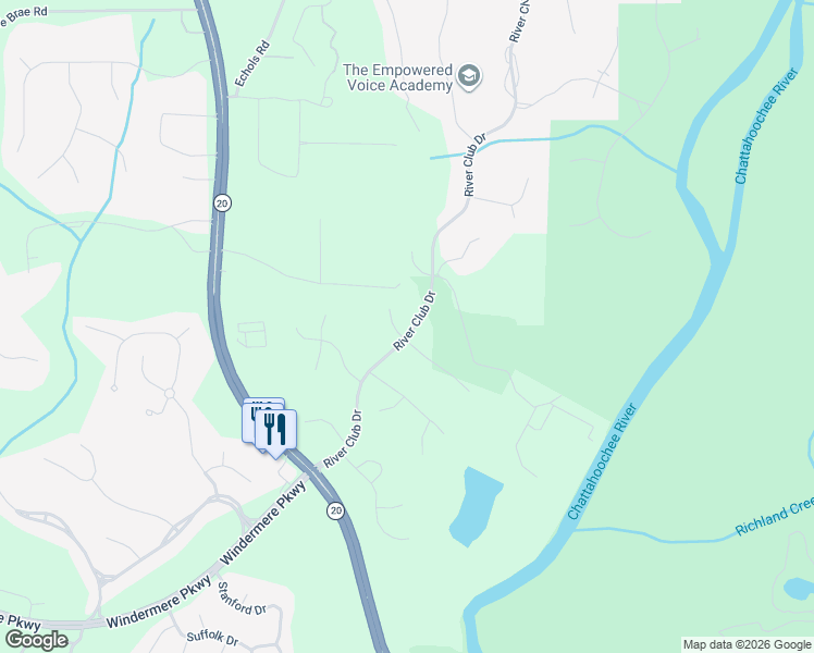 map of restaurants, bars, coffee shops, grocery stores, and more near 3510 Silver Vista Court in Cumming