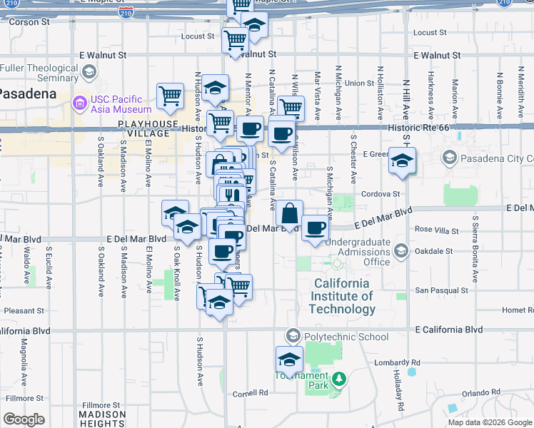 map of restaurants, bars, coffee shops, grocery stores, and more near in Pasadena