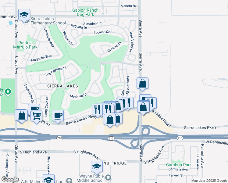 map of restaurants, bars, coffee shops, grocery stores, and more near 6178 Beth Page Drive in Fontana