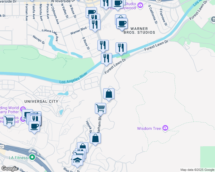 map of restaurants, bars, coffee shops, grocery stores, and more near 3700 Barham Boulevard in Los Angeles