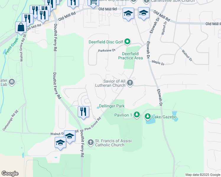 map of restaurants, bars, coffee shops, grocery stores, and more near 81 Pine Grove Road in Cartersville