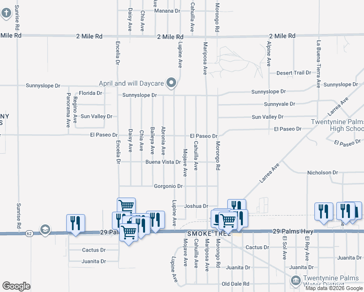 map of restaurants, bars, coffee shops, grocery stores, and more near 6144 Mojave Avenue in Twentynine Palms