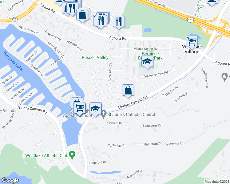 map of restaurants, bars, coffee shops, grocery stores, and more near 31861 Village Brook Road in Westlake Village