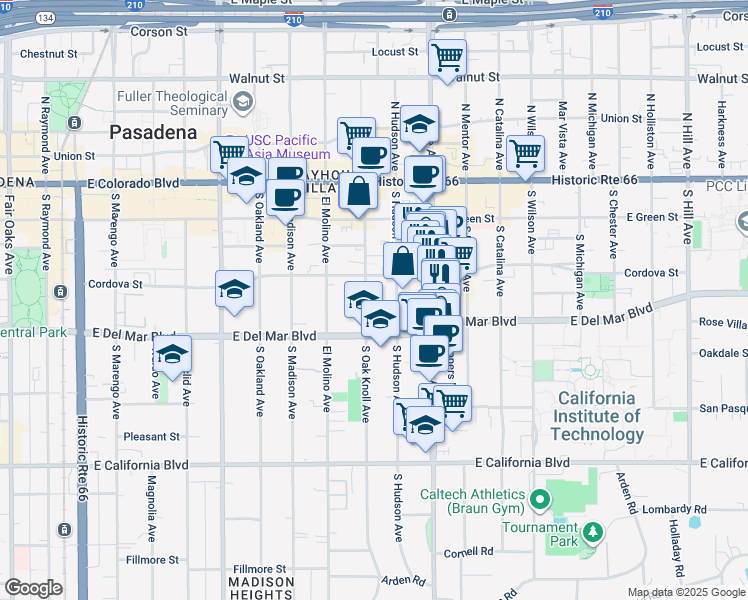 map of restaurants, bars, coffee shops, grocery stores, and more near 250 South Oak Knoll Avenue in Pasadena