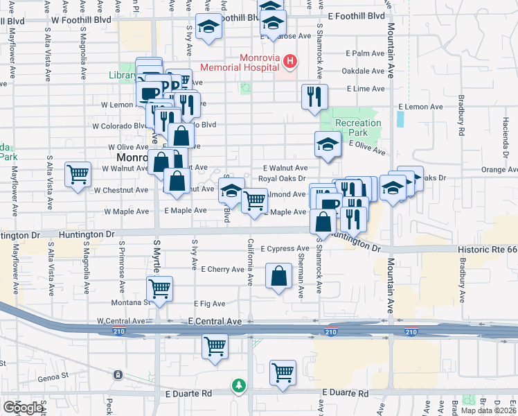 map of restaurants, bars, coffee shops, grocery stores, and more near 411 East Maple Avenue in Monrovia
