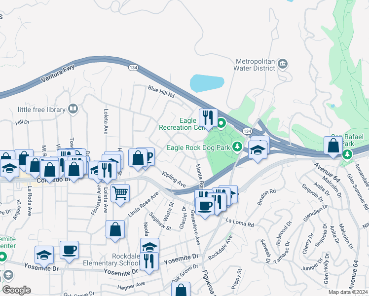 map of restaurants, bars, coffee shops, grocery stores, and more near 1255 Hill Drive in Los Angeles