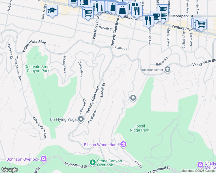 map of restaurants, bars, coffee shops, grocery stores, and more near 3911 Oakfield Drive in Los Angeles