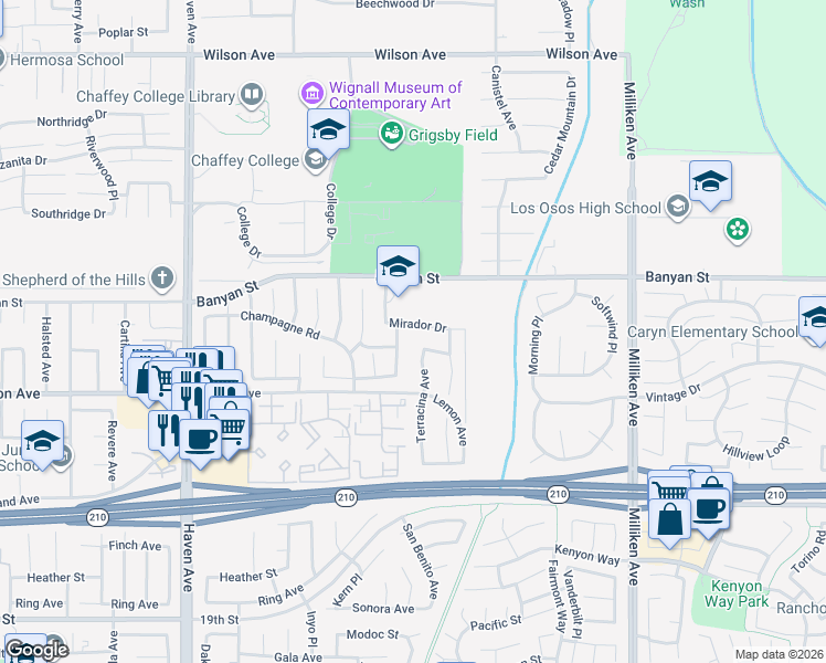 map of restaurants, bars, coffee shops, grocery stores, and more near 10899 Mirador Drive in Rancho Cucamonga