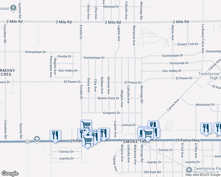 map of restaurants, bars, coffee shops, grocery stores, and more near 6143 Abronia Avenue in Twentynine Palms