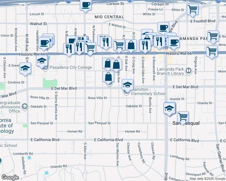 map of restaurants, bars, coffee shops, grocery stores, and more near 250 South Berkeley Avenue in Pasadena