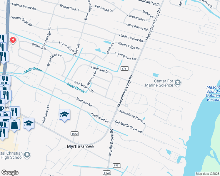 map of restaurants, bars, coffee shops, grocery stores, and more near 5009 Coronado Drive in Wilmington