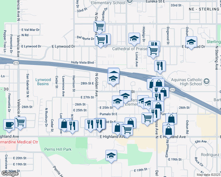 map of restaurants, bars, coffee shops, grocery stores, and more near 2759 Conejo Drive in San Bernardino