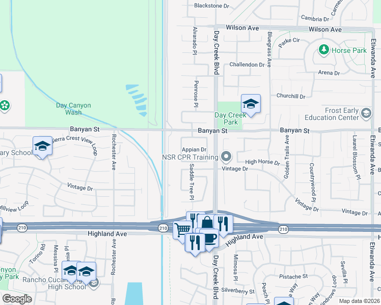 map of restaurants, bars, coffee shops, grocery stores, and more near 12203 Appian Drive in Rancho Cucamonga