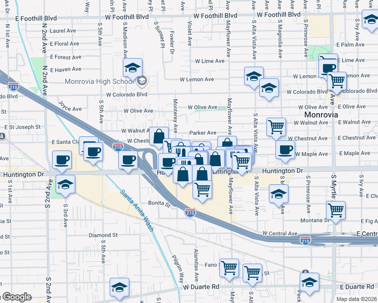 map of restaurants, bars, coffee shops, grocery stores, and more near 630 King Street in Monrovia