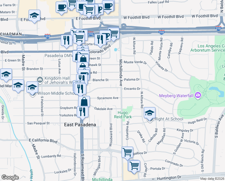 map of restaurants, bars, coffee shops, grocery stores, and more near 3912 Mountain View Avenue in Pasadena
