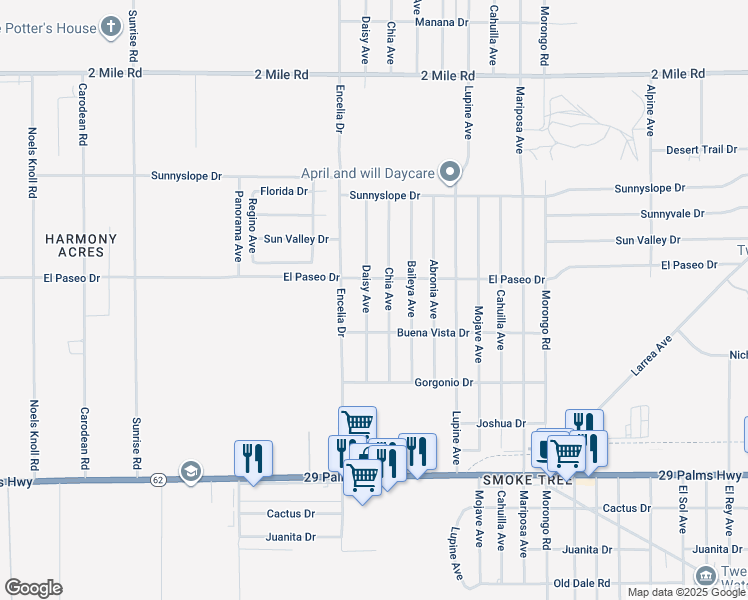 map of restaurants, bars, coffee shops, grocery stores, and more near 6141 Daisy Avenue in Twentynine Palms