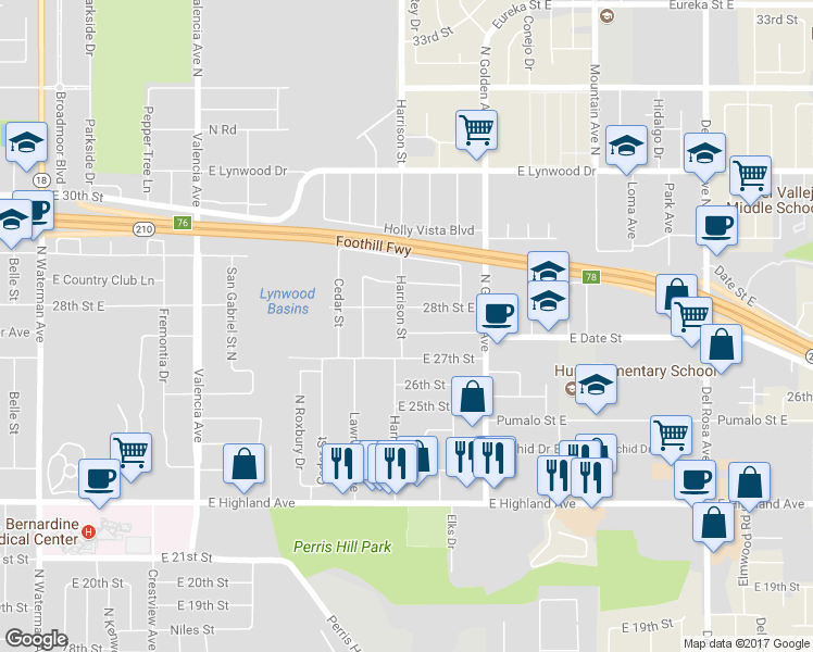 map of restaurants, bars, coffee shops, grocery stores, and more near 1106 East Alexander Avenue in San Bernardino
