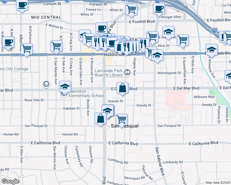 map of restaurants, bars, coffee shops, grocery stores, and more near 2444 East Del Mar Boulevard in Pasadena