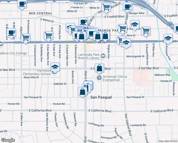 map of restaurants, bars, coffee shops, grocery stores, and more near 2386 East Del Mar Boulevard in Pasadena